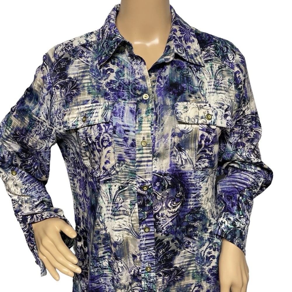 Chicos Purple 1 All Over Floral Print Tab Sleeve Button Up Shirt w/ Pockets EUC - Picture 3 of 14
